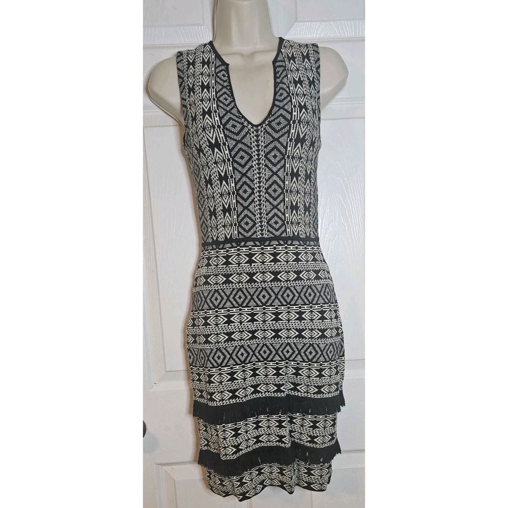 Rachel Roy Sheath Sleeveless Dress Womens S Black White Aztec Print Fringe